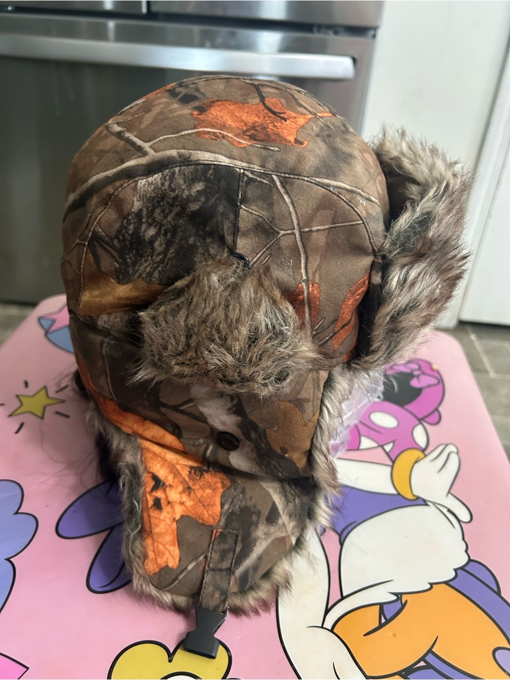 Camo Faux Fur Trapper Hat - Brown/Orange